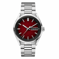Stainless steel watch with red dial and metal bracelet on white background