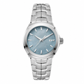 Metal dress watch with light blue dial and silver metal strap on white background