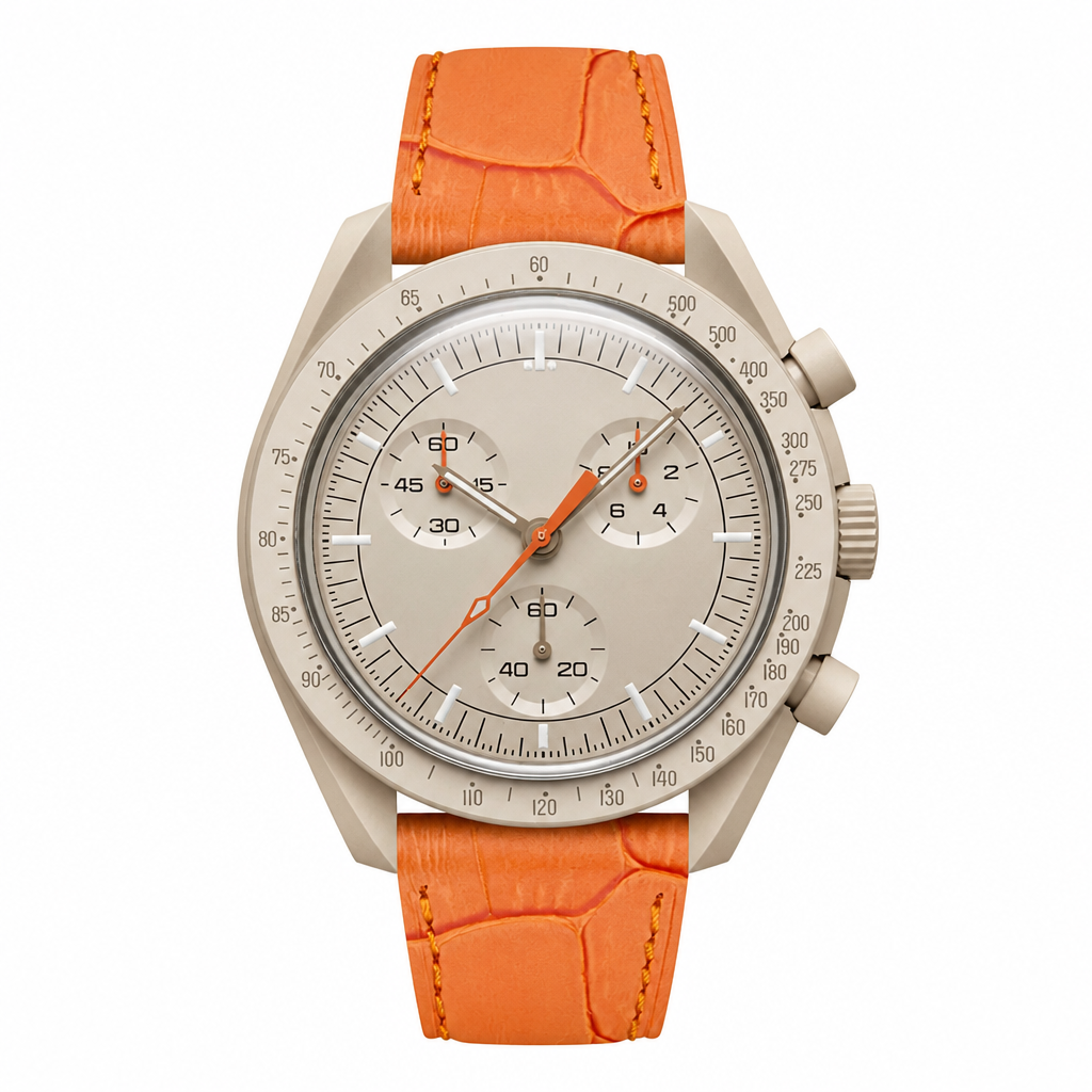 Beige chronograph watch with orange leather strap
