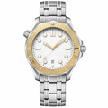 Two-tone metal diver style watch with white dial and gold-tone bezel accents