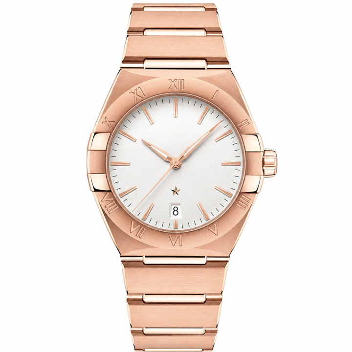 Rose gold tone dress watch with white dial and metal bracelet, 39mm size