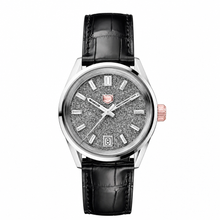 Classic Watch with Textured Diamond Dial and Black Leather Strap