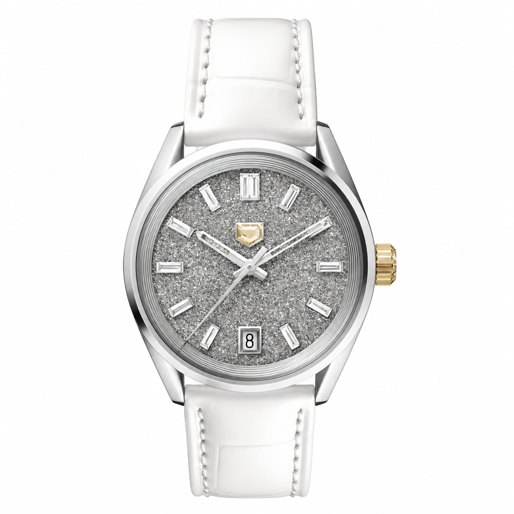 Dress watch with white leather strap and silver textured dial