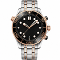 Two-tone diver chronograph watch with black dial and metal bracelet