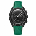Chronograph watch with black case, dark dial, and green leather strap on white background