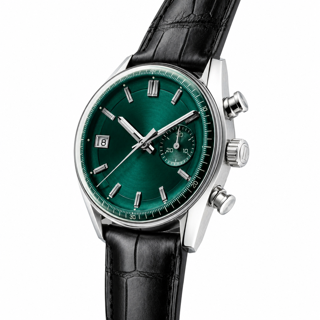 Dress watch with green dial and black leather strap