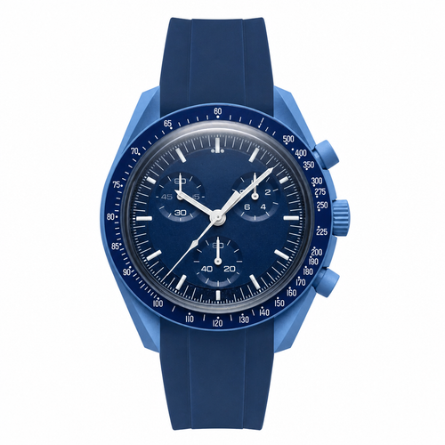 Blue chronograph watch with rubber strap on white background