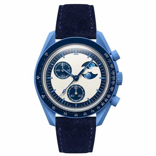 Blue chronograph watch with moonphase, blue case, and navy suede leather strap on white background
