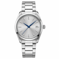 classic silver dial watch with blue hands and metal bracelet