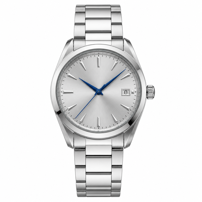classic Silver Dial Watch with Blue Hands