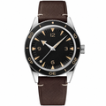 Casual watch with black dial, silver case, and brown leather strap, 41mm case size