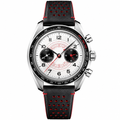 Sport chronograph watch 43mm with white dial, black subdials, red accents, and black leather strap with red stitching and perforations
