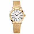 Women's gold-tone dress watch with white dial and Roman numerals on white background