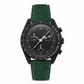 Black dial chronograph watch with green suede strap on white background