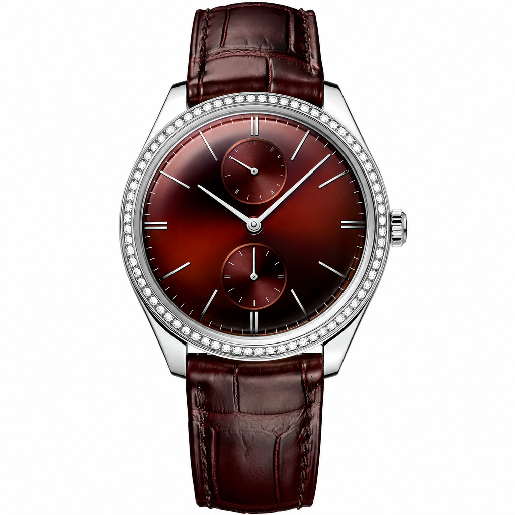 Dress watch with brown sunburst dial, stainless steel case, and brown leather strap