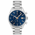 Chronograph watch with blue dial and stainless steel bracelet on white background