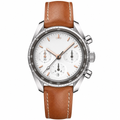 Chronograph watch with white dial and brown leather strap