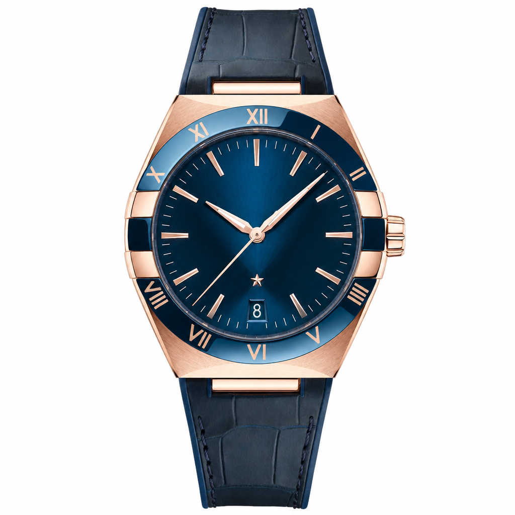 Men's dress watch with blue dial, rose gold case, and blue leather strap