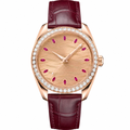 Women's 38mm rose gold tone dress watch with gemstone markers and burgundy leather strap